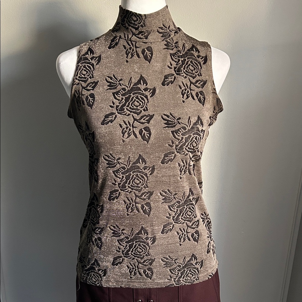 Baranda Vintage Shimmer Floral Sleeveless Mock Neck Top